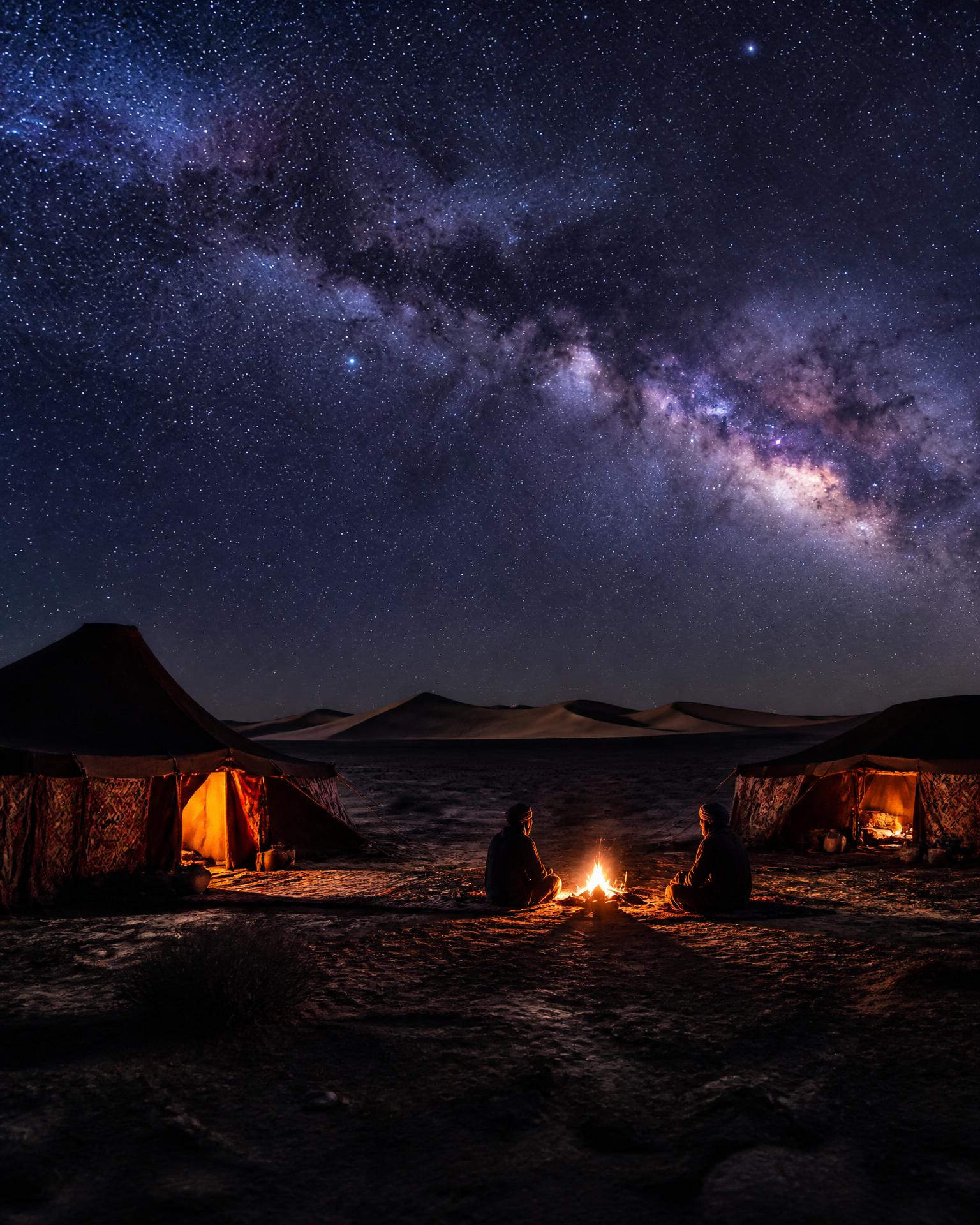 Bivouac berbère sous la Voie lactée, deux silhouettes autour d'un feu à Ksar Ghilane