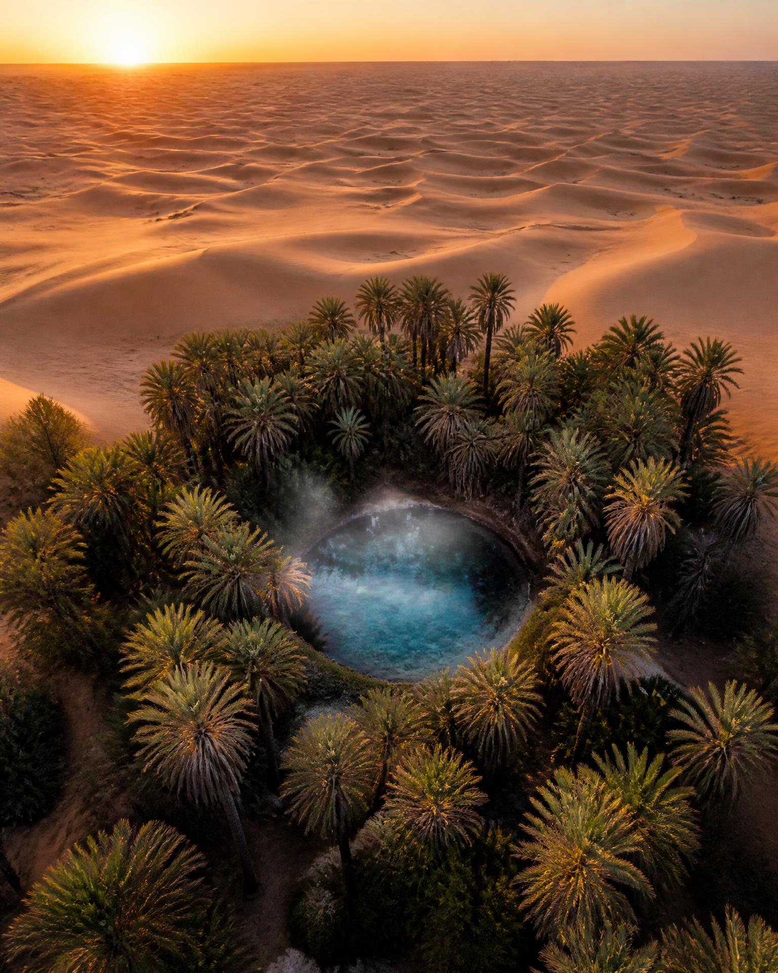 Vue aérienne de la source chaude naturelle de Ksar Ghilane, palmeraie et dunes au lever du soleil
