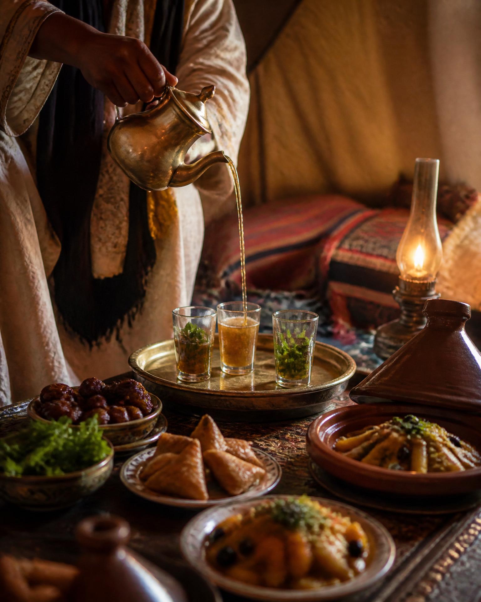 Service du thé à la menthe versé de haut sur un plateau de cuivre à l'intérieur d'une tente berbère